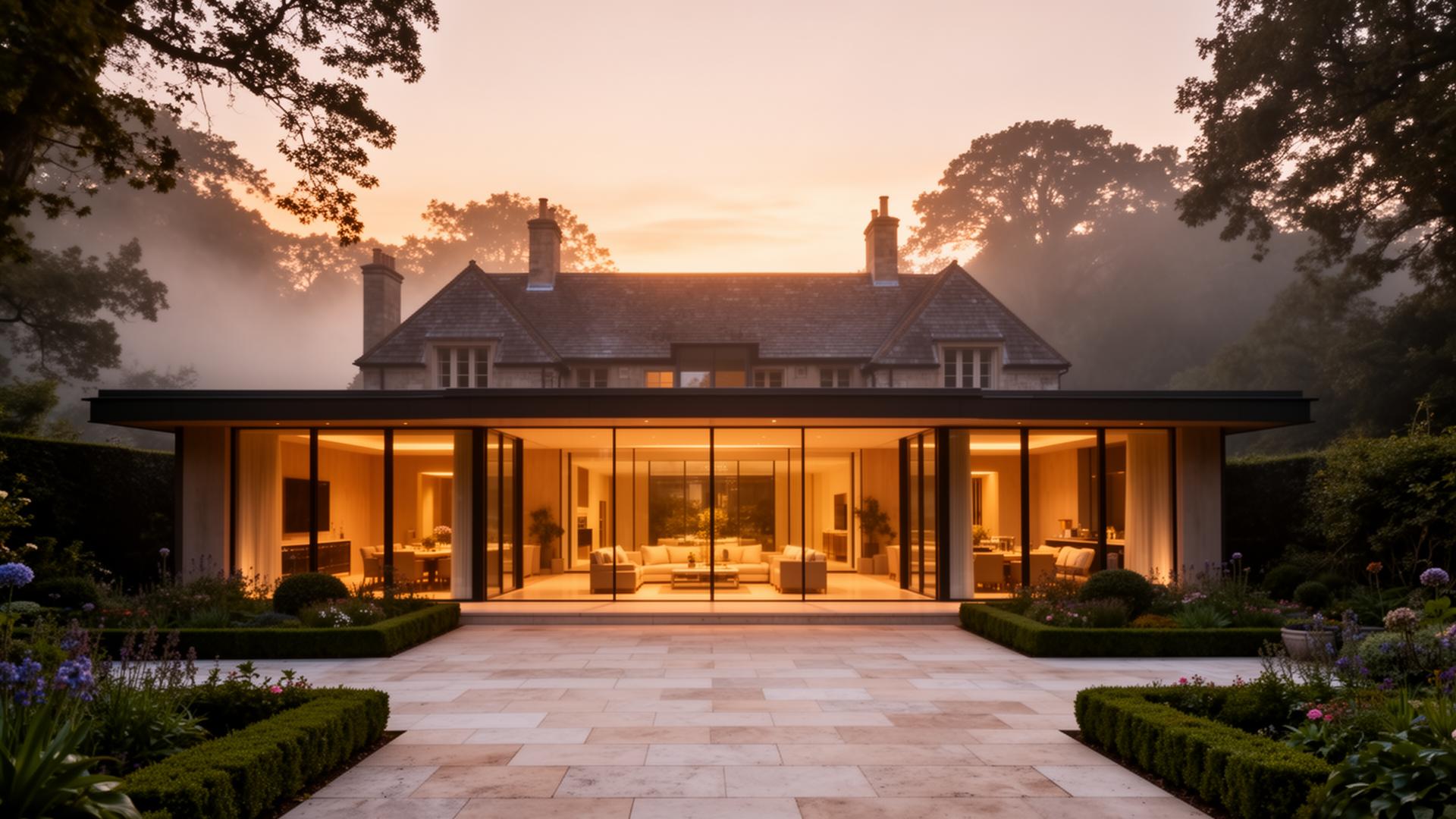 Luxury rear home extension at dusk by Bespoke Custom Builders in Buckinghamshire