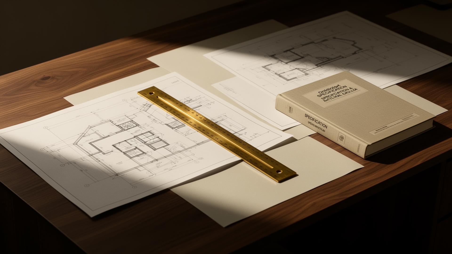 Architectural drawings, brass scale rule and project specification on a walnut studio desk