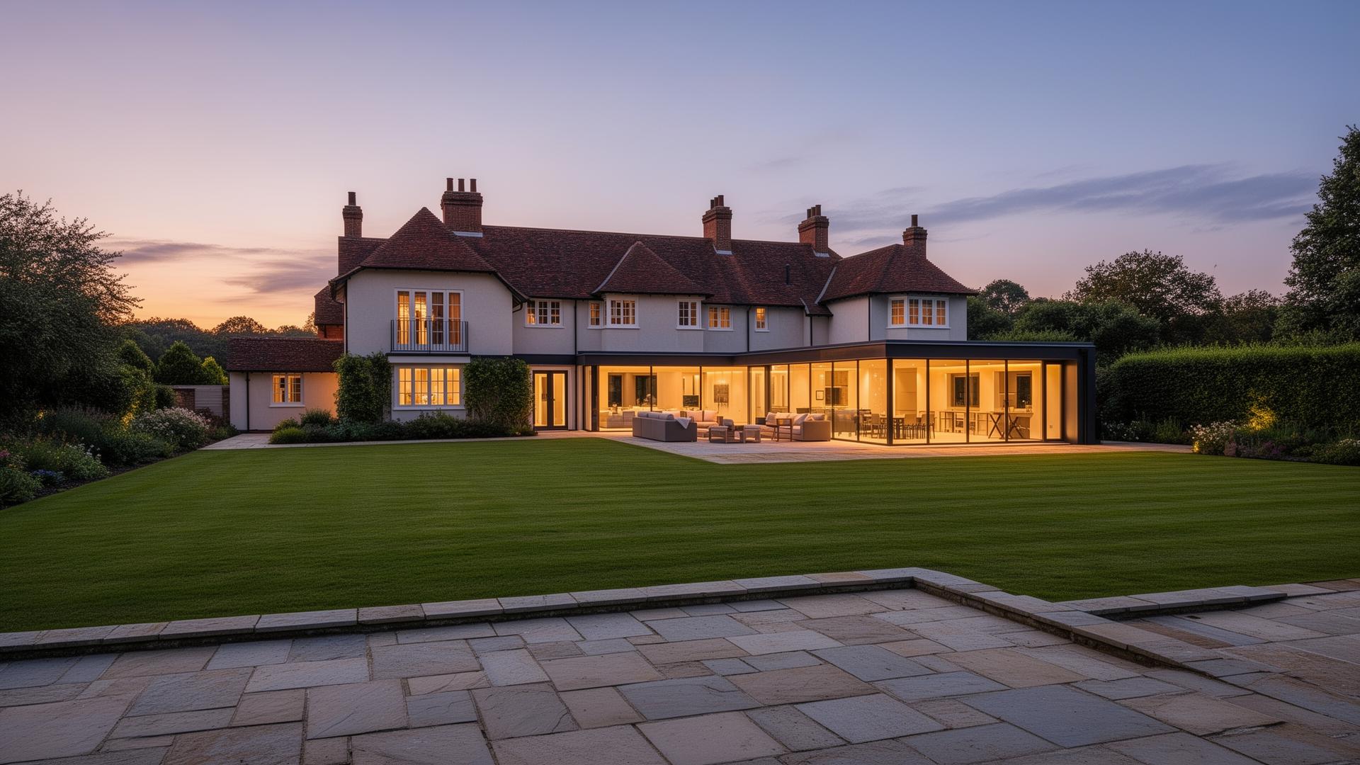 Luxury Buckinghamshire country home at dusk with contemporary glass rear extension